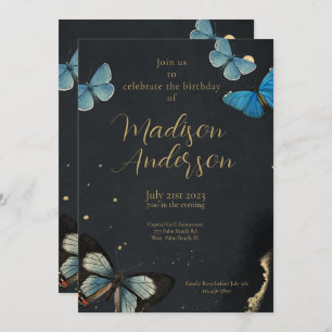 Invitation Elégant Papillon Or Noir Adulte Anniversaire