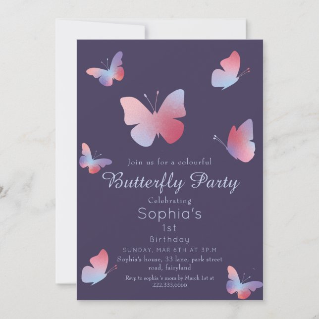 Invitation Elégant papillon pourpre 1er anniversaire (Devant)