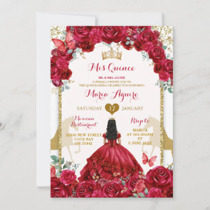 Invitation Élégant Papillon Quince Couronne Rouge Floral Mis