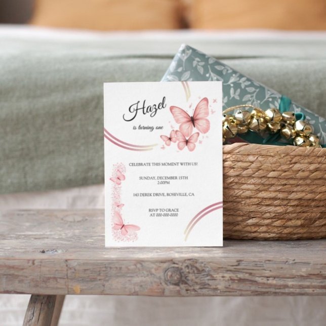 Invitation Elégant Papillon rose pâle Fleur Anniversaire (Butterfly Girl 1st Birthday Invitation)