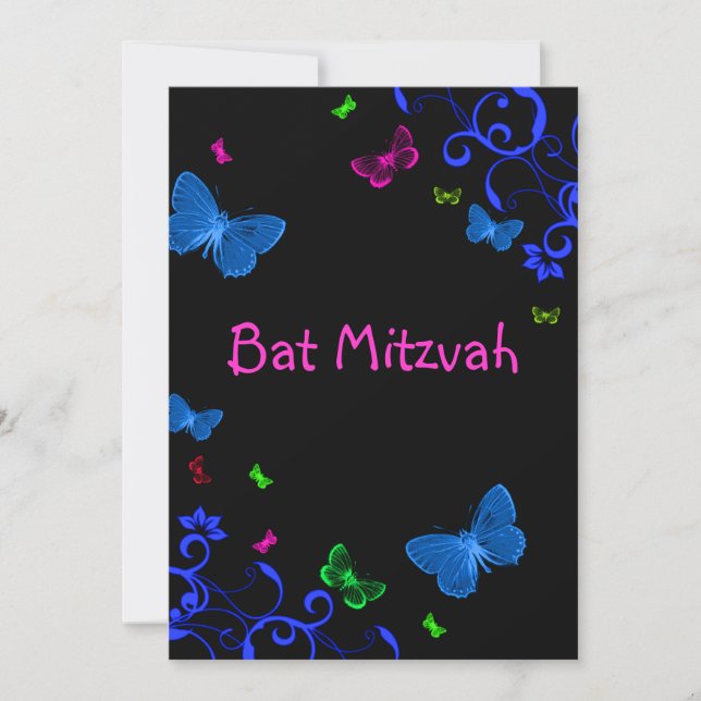 Invitation Élégant Papillons colorés, Bat mitzvah personnalis (Devant)