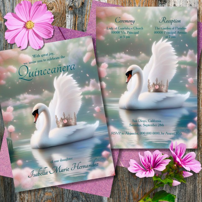Invitation Élégant Papillons de cygne rose Tiara Quinceañera (Créateur téléchargé)