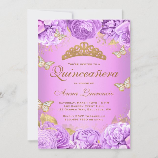 Invitation Élégant Papillons floraux pourpres Quinceanera (Devant)