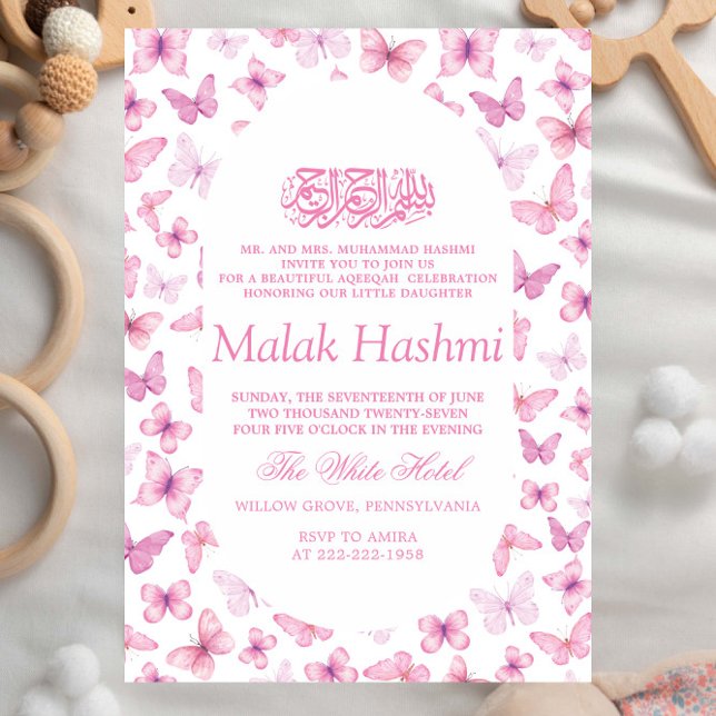 Invitation Élégant Papillons rose Aqiqa Aqeeqah islamique (Créateur téléchargé)
