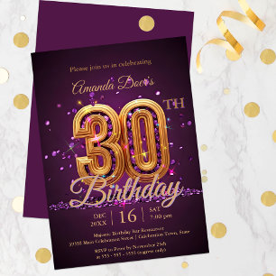 Invitation Élégant Parkling Purple et Gold 30e anniversaire