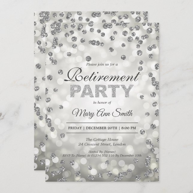 Invitation Élégant parti de retraite en argent Confetti & Lig (Devant / Derrière)