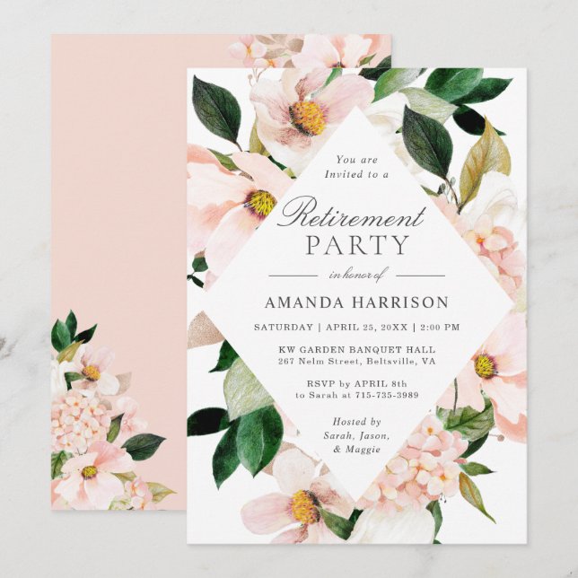 Invitation Élégant parti de retraite florale Hydrangea Blush (Devant / Derrière)