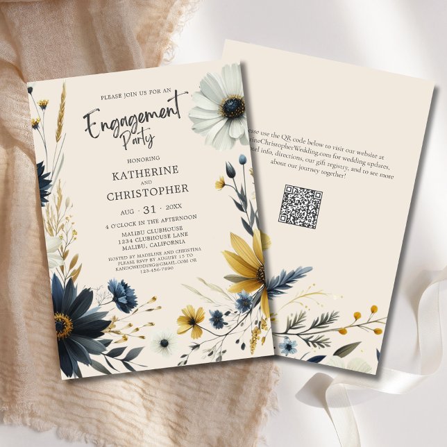 Invitation Élégant Parti d'engagement Fleur sauvage Beige (Watercolor Wildflowers Engagement Party Invitation with Blue & Yellow Wildflowers, modern typography)