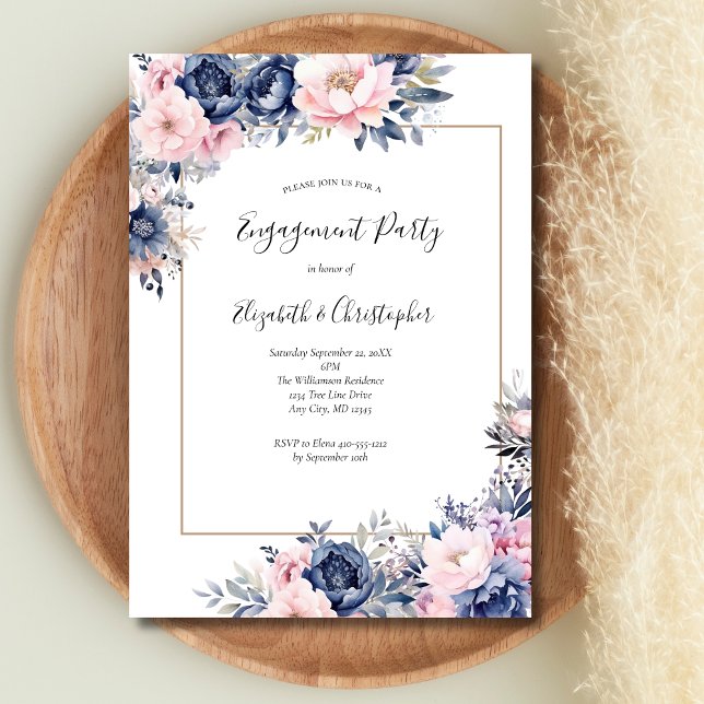 Invitation Élégant Parti d'engagement Floral Rose Marine (Navy blue and pink floral elegant engagement party invitation)