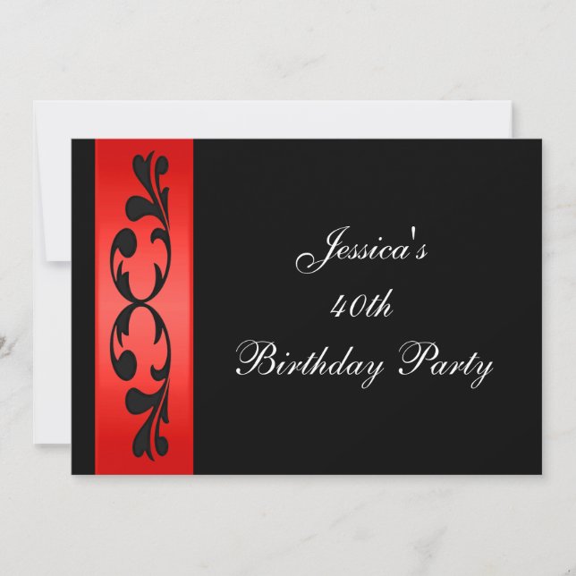 Invitation Élégant parti noir floral blanc brillant rouge (Devant)
