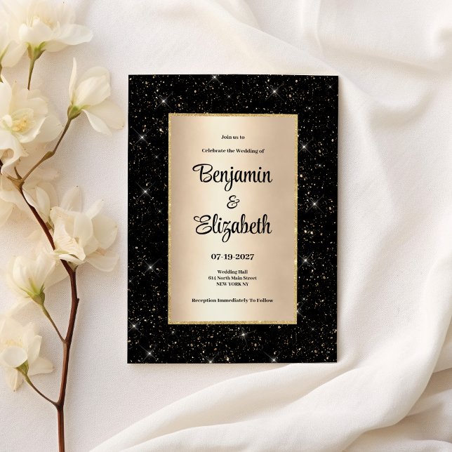 Invitation Élégant parties scintillant en or noir confetti Ma (Elegant black gold glitter confetti Wedding)