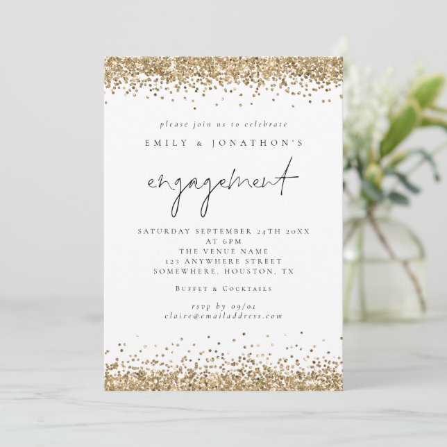 Invitation Elegant Parties scintillant Gold Script Partie d'e (Debout devant)