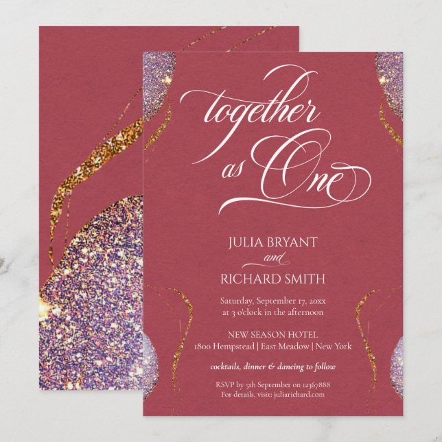 Invitation Elégant Parties scintillant or Amethyst Modern Red (Devant / Derrière)