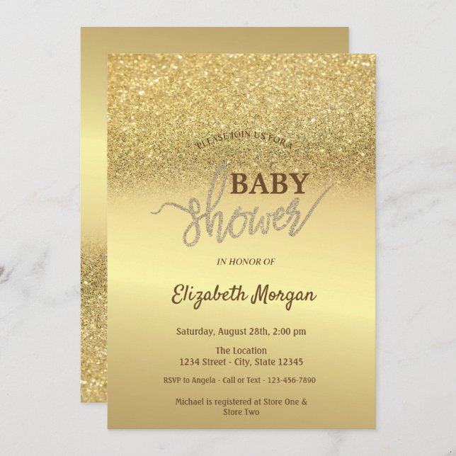 Invitation Elegant Parties scintillant or Baby shower Bokeh (Devant / Derrière)