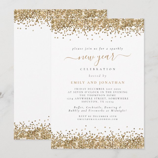 Invitation Élégant Parties scintillant Or Script New Years Ev (Devant / Derrière)