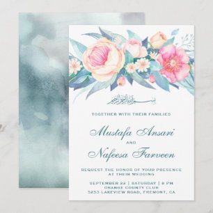 Invitation Elégant Pastel Aquarelle Floral Mariage islamique