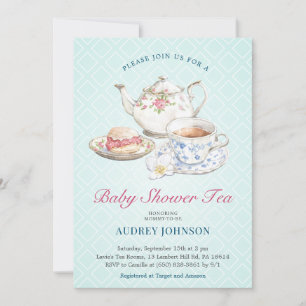 Invitation Elégant Pastel Baby shower bleu Thé Floral Teapot