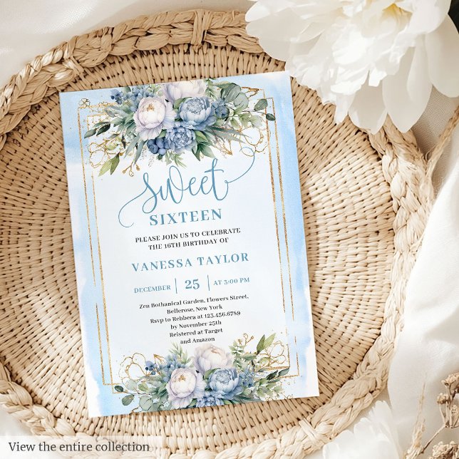 Invitation Élégant Pastel Bleu Blanc Or Floral Sweet 16 (Elegant Pastel Blue White Gold Floral Sweet 16 Invitation)