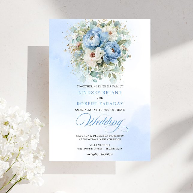 Invitation Elegant Pastel Blue White Peony Gold Wedding Invit (Elegant Pastel Blue White Peony Gold Wedding Invitation)