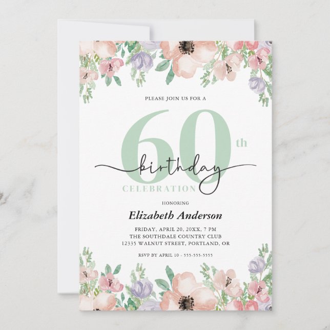 Invitation Elegant Pastel Floral 60th Birthday Party (Devant)