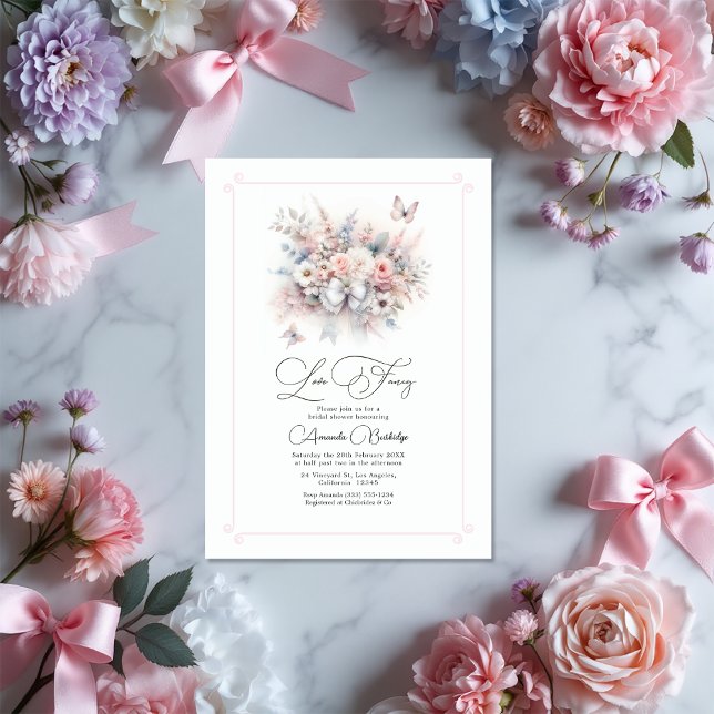 Invitation Élégant Pastel Floral Bow Love Fête des mariées fa (Elegant Pastel Floral Bow Love Fancy Bridal Shower Invitation)