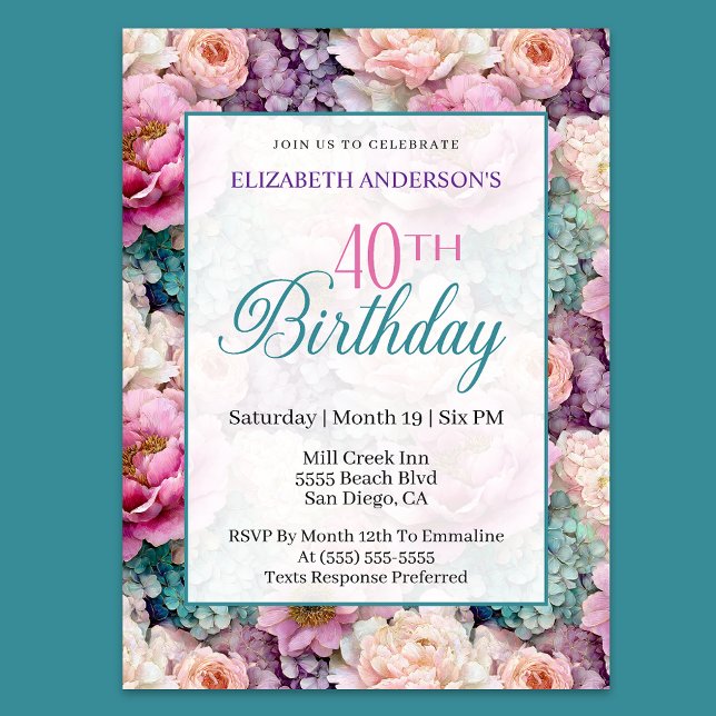 Invitation Elegant Pastel Floral Garden 40th Birthday (Créateur téléchargé)