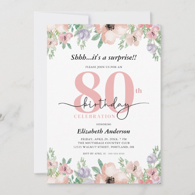 Invitation Elegant Pastel Floral Surprise 80th Birthday Party (Devant)