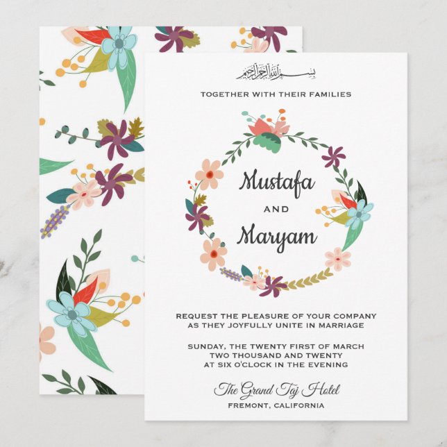 Invitation Élégant Pastel Floral Wreath Mariage islamique (Devant / Derrière)