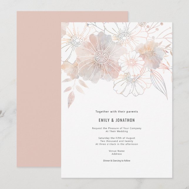 Invitation Élégant Pastel Florals Blush Peach Grey Mariage (Devant / Derrière)