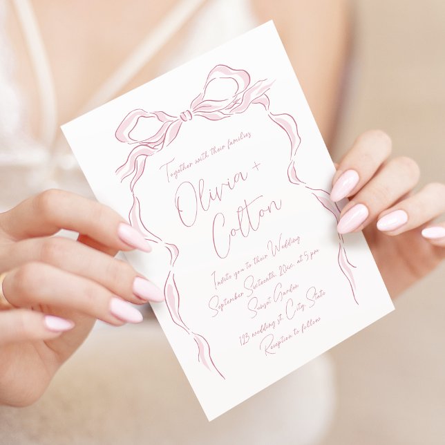 Invitation Élégant Pastel Pink Mariage de la main tiré (Elegant Pastel Pink Hand Drawn Bow Wedding Invitation)