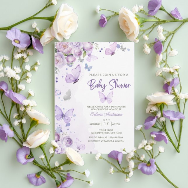 Invitation Élégant Pastel Purple Baby shower à papillon Flora (Créateur téléchargé)