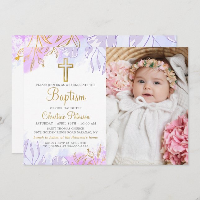 Invitation Elégant Pastel Purple Gold Floral Baptism Photo (Devant / Derrière)