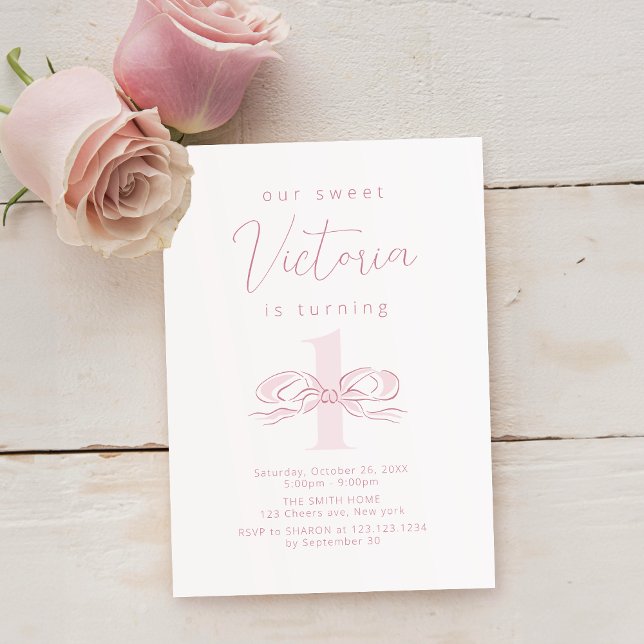 Invitation Elégant Pastel rose main tiré Bow 1er anniversaire (Elegant Pastel Pink Hand Drawn Bow 1st birthday Invitation)