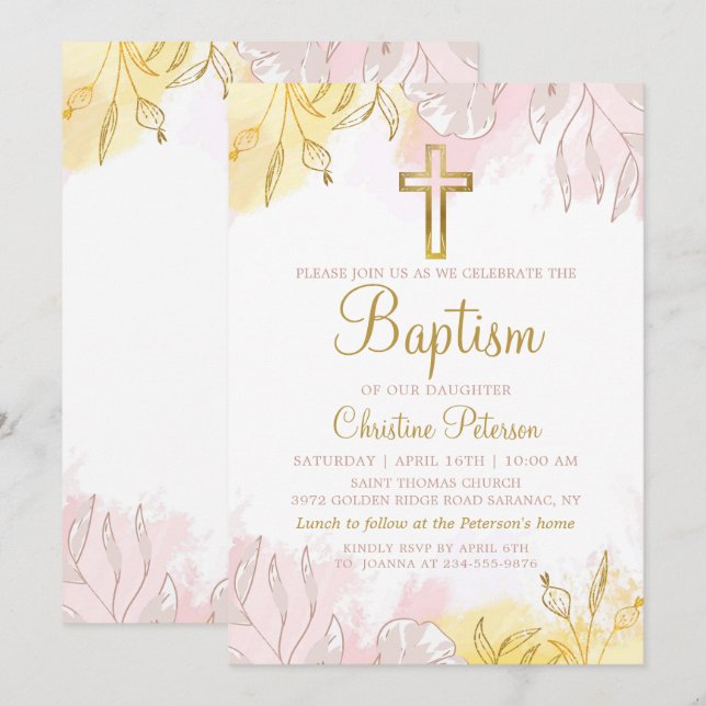 Invitation Élégant Pastel rose or floral fille Baptême (Devant / Derrière)