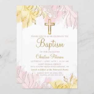 Invitation Élégant Pastel rose or floral fille Baptême