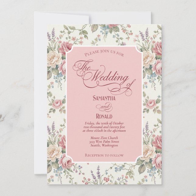 Invitation Elegant Pastel Roses Shabby Chic Wedding (Devant)
