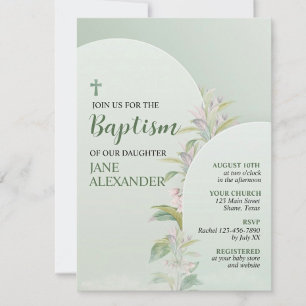 Invitation Élégant Pastel Vert Floral Baptême