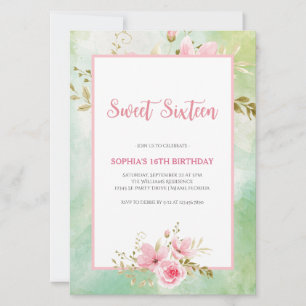 Invitation Elégant Pastel Vert & Sweet sixteen rose Floral