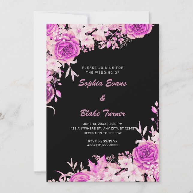 Invitation Elégant Pays Rose Roses Mariage noir (Devant)
