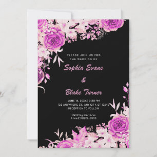 Invitation Elégant Pays Rose Roses Mariage noir