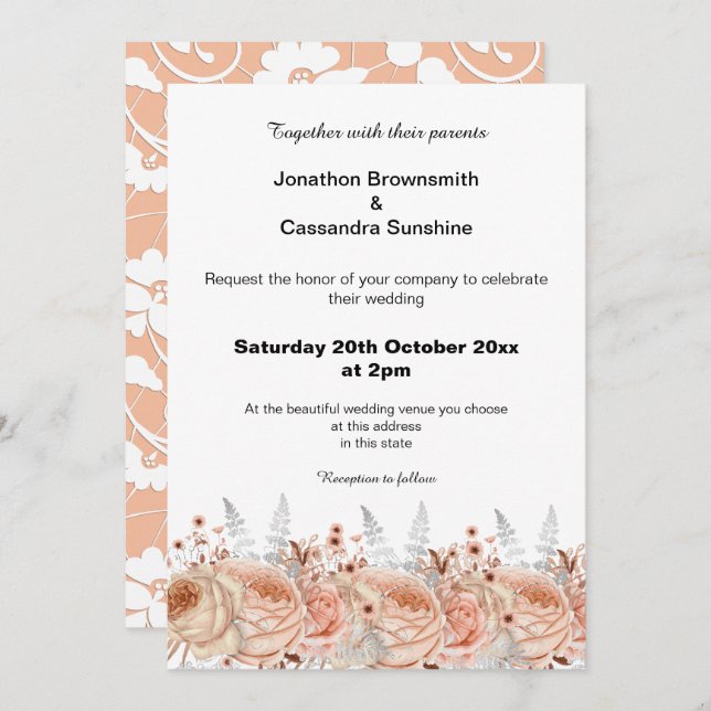 INVITATION ÉLÉGANT PEACH APRICOT LACE FLORAL DIAMONNE MARIAGE (Devant / Derrière)