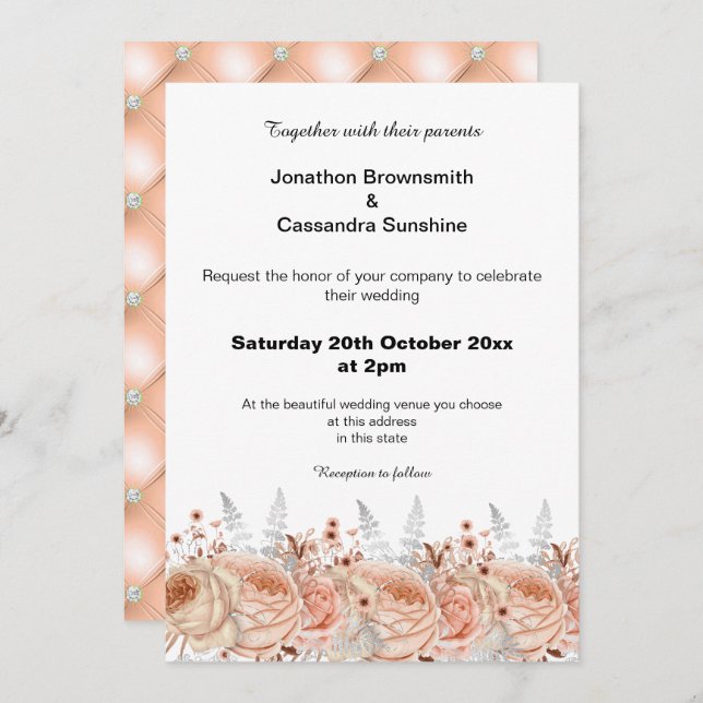 INVITATION ÉLÉGANT PEACH APRICOT MARIAGE DE DIAMANT FLORAL (Devant / Derrière)