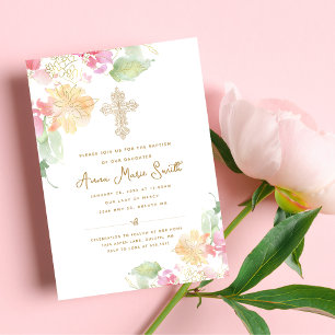 Invitation Élégant Peach Floral Ornate Cross Baptisant