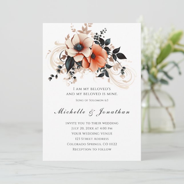 Invitation Élégant Peach Grey Floral Bible Mariage chrétien (Debout devant)