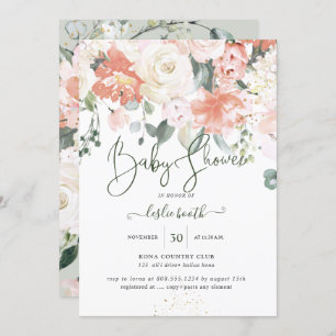 Invitation Elégant Peach Peonies Crème Rose Baby shower