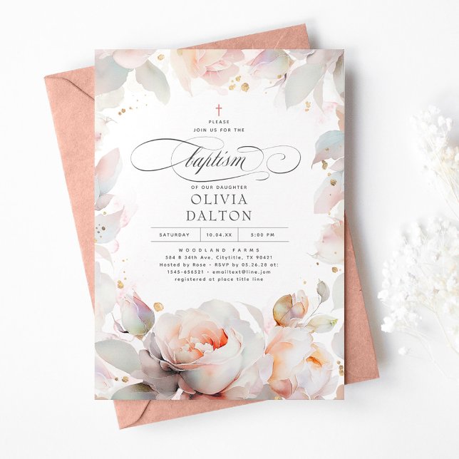 Invitation Élégant Peach Rose Peach Floral Boho Girls Baptême (Créateur téléchargé)