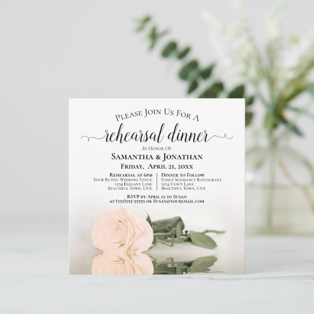 Invitation Élégant Peach Rose Répétition et dîner Mariage (Debout devant)
