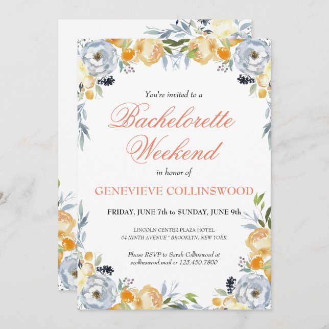 Invitation Élégant PeachFloral Bachelorette Week-end Itinérai (Devant / Derrière)