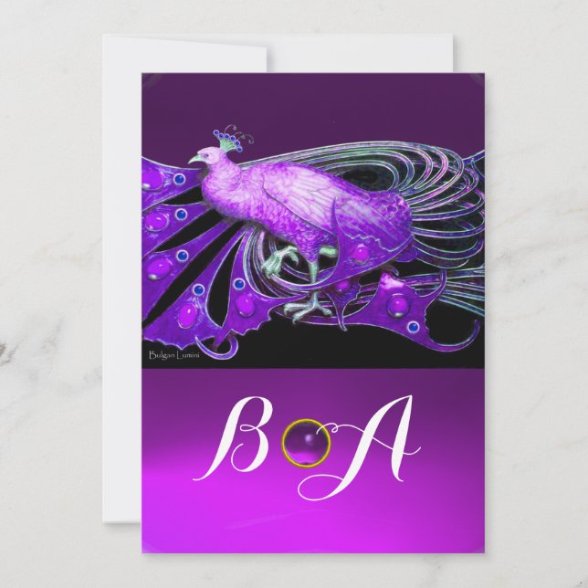 INVITATION ÉLÉGANT PEACOCK EN PURPLE, NOIR MONOGRAM MARIAGE (Devant)