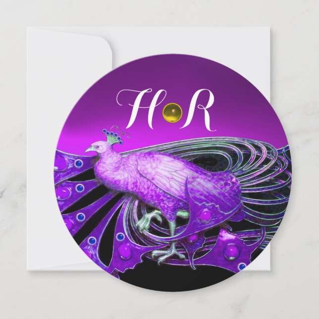INVITATION ÉLÉGANT PEACOCK EN PURPLE, NOIR MONOGRAM MARIAGE (Devant)